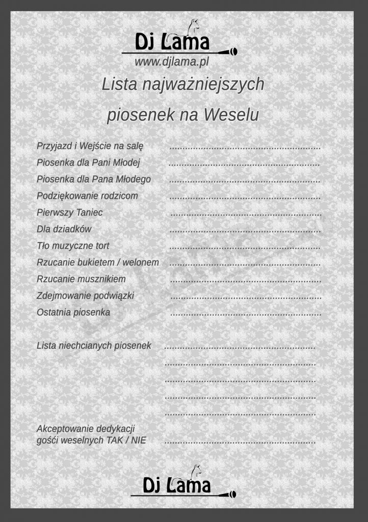 Lista najważniejszych piosenek na weselu - Dj Lama